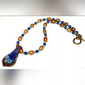 Semi Precious Gemstone & Pearl Beaded Necklace 17" Pendant 2"